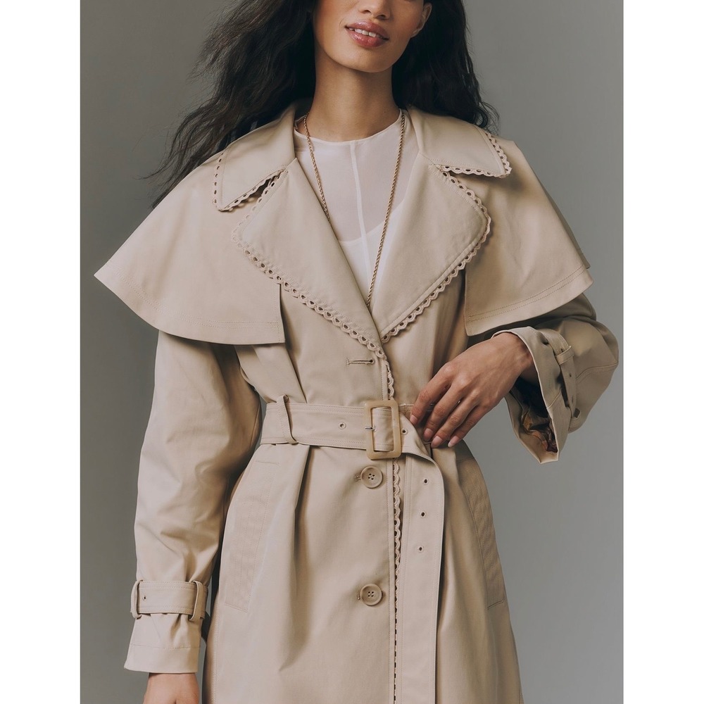 Anthropologie Capelet Trench Coat Women's Small Beige Minimalist Classic NEW